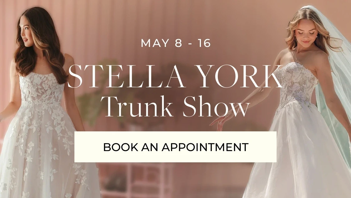 Models wearing Stella York bridal dresses, trunk show mobile banner